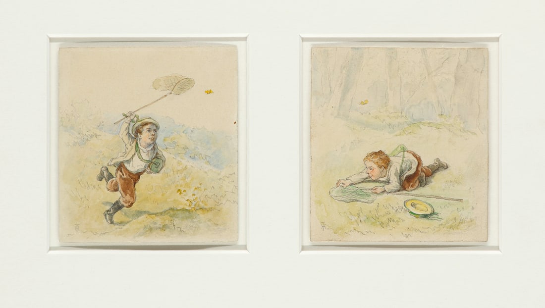Hosemann, Theodor 2 Aquarelle. Schmetterlingsjagd. Um 1870. Je Aquarell auf festem Velinkarton. Je (1 of 1)