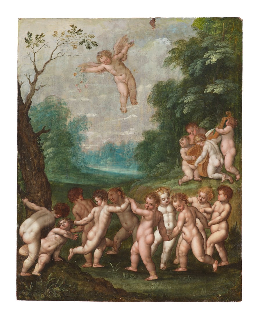 Jan II Brueghel, Umkreis Jan van Balen und Waldlandschaft mit Puttenreigen. 17. Jahrhundert. Öl (1 of 1)