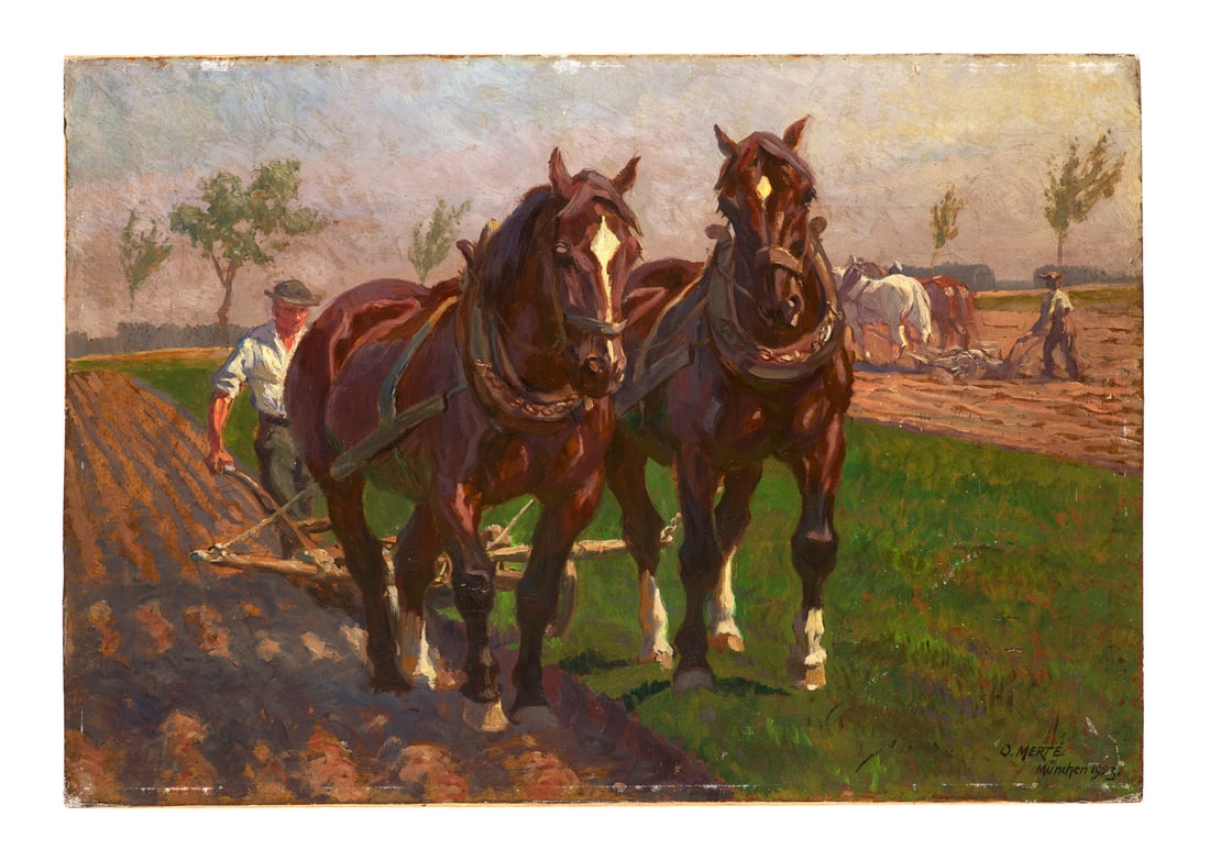 Merté, Oskar Pflug mit zwei Pferden. 1923. Öl auf Pappe, ganzflächig auf Holzplatte (1 of 1)