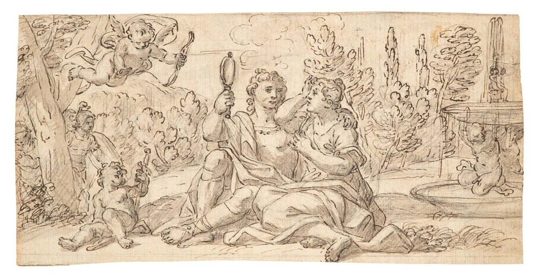 Rinaldo und Armida. 2. Hälfte 17. Jh. Feder in Braun über Bleistift auf Bütten (mit: Genre Rinaldo und Armida. 2. Hälfte 17. Jh. Feder in Braun über Bleistift auf Bütten (mit nicht identifizierbarem WZ mit Stern). 13 x 26,5 cm. Verso betitelt "Rinaldo Armida" sowie beze