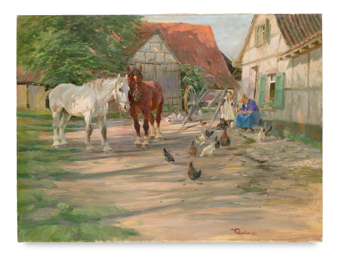 Valentin, Karl Gehöft mit Pferden und Hühnern. Ca. 1920. Öl auf Leinwand. 60 x 80 cm. (1 of 1)