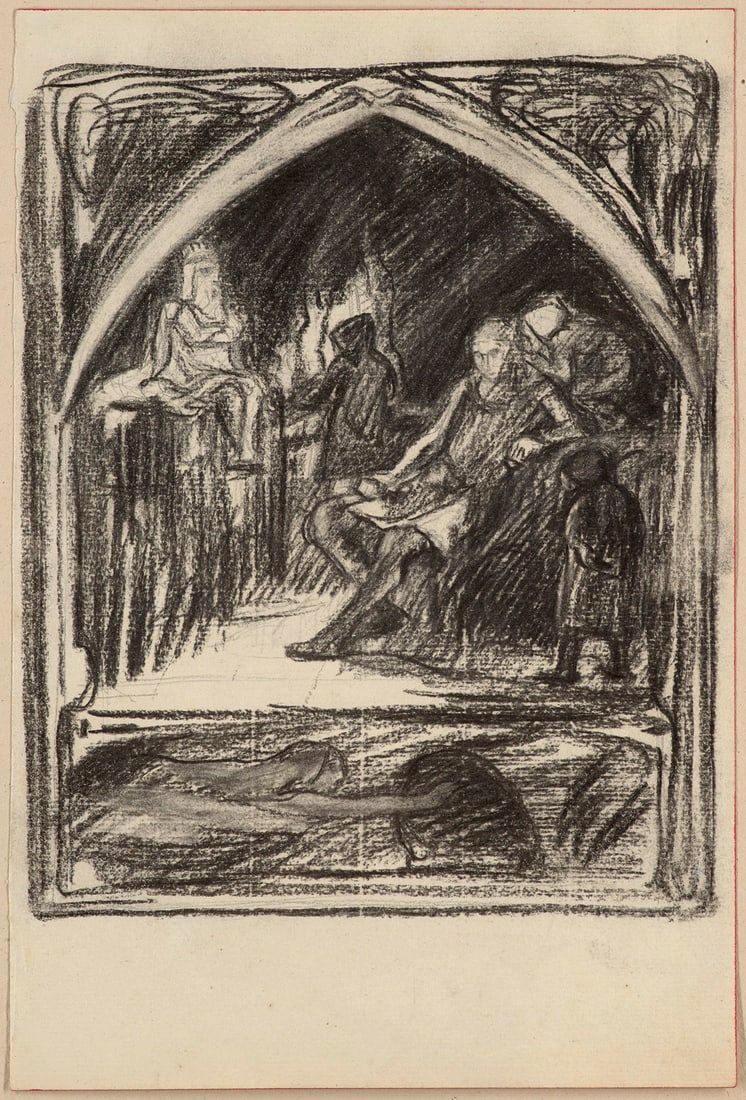 Hofmann, Ludwig von Königliche Theaterszene. Illustrationsentwurf zu Gerhart Hauptmanns: JahrhundertwendeHofmann, Ludwig vonKönigliche Theaterszene. Illustrationsentwurf zu Gerhart Hauptmanns "Hanneles Himmelfahrt". Kohle auf Bütten. 24 x 20 cm (30,5 x 20,5 cm). Punktuell auf Un