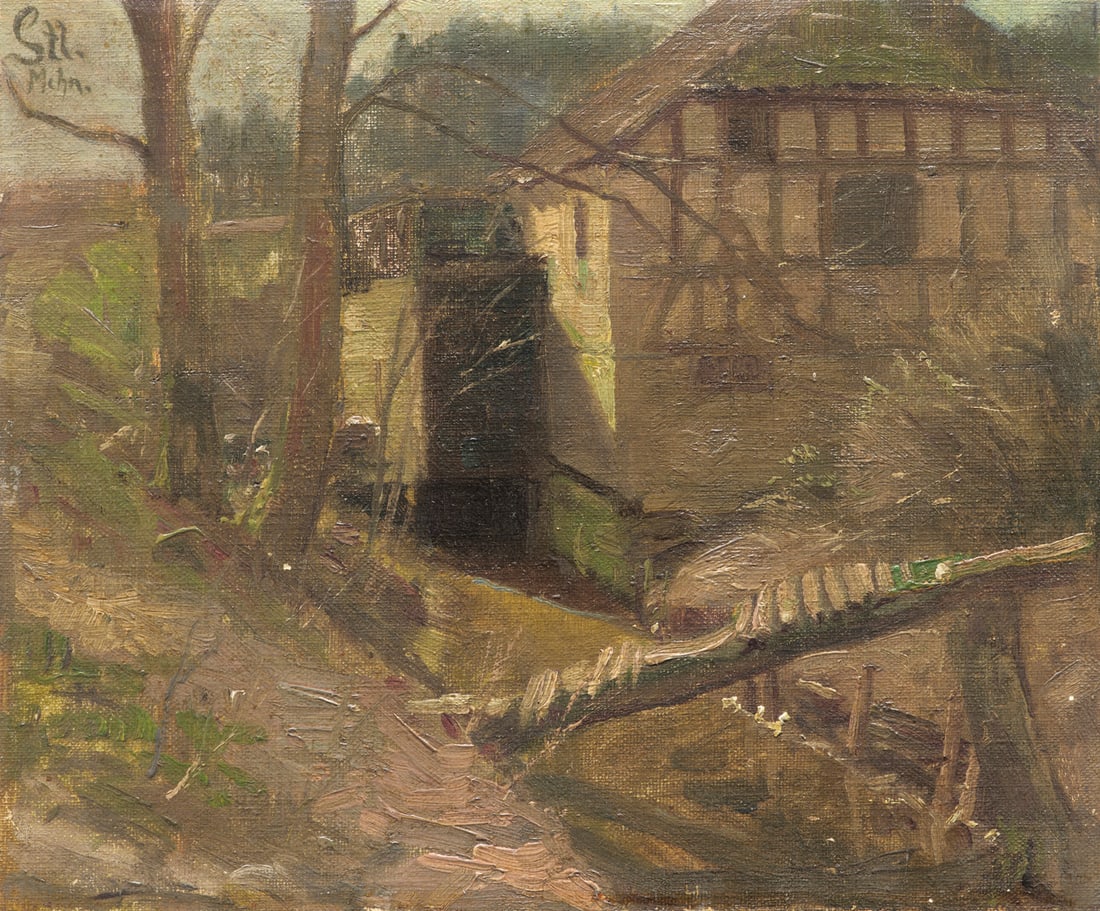 Strützel, Otto Dorfmühle. Um 1900. Öl auf Hartfaserplatte. 22,5 x 26,5 cm. (1 of 1)