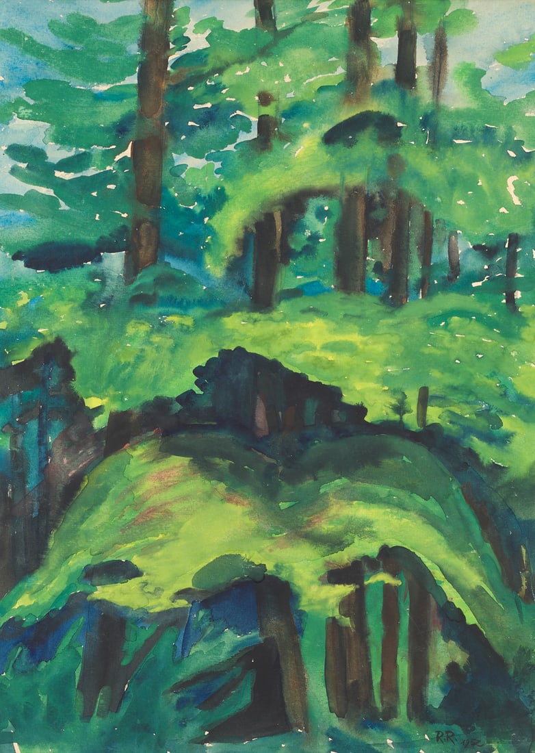 Rossig, Reinhold Waldstück. 1952. Aquarell auf Velin. 48 x 36 cm. Monogrammiert und datiert,: LandschaftenRossig, ReinholdWaldstück. 1952. Aquarell auf Velin. 48 x 36 cm. Monogrammiert und datiert, verso bezeichnet. Punktuell unter Passepartout montiert. - Papier verso leicht fleckig und 