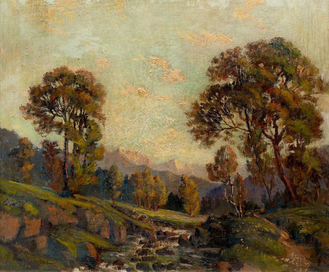 Dunzinger, Prof. Dr. Gustav Herbstliche Landschaft mit Bachlauf. 1923. Öl auf Malkarton. 51,5 x (1 of 1)