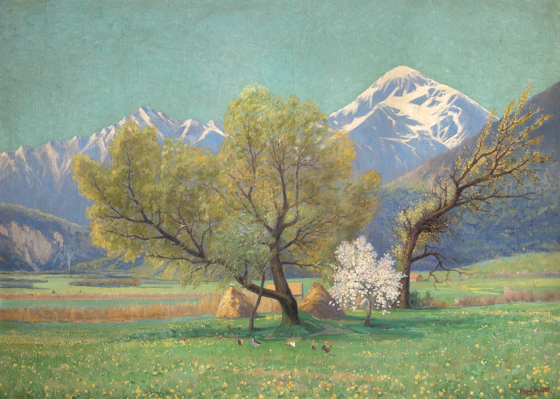 Klatt, Hans Pfingsten am Kochelsee. Öl auf Leinwand. 80 x 110 cm. Signiert, verso betitelt. In: Landschaften - DeutschlandKlatt, HansPfingsten am Kochelsee. Öl auf Leinwand. 80 x 110 cm. Signiert, verso betitelt. In goldfarbenem Stuckrahmen gerahmt.Hans Klatt war ein deutscher Landschaftsma