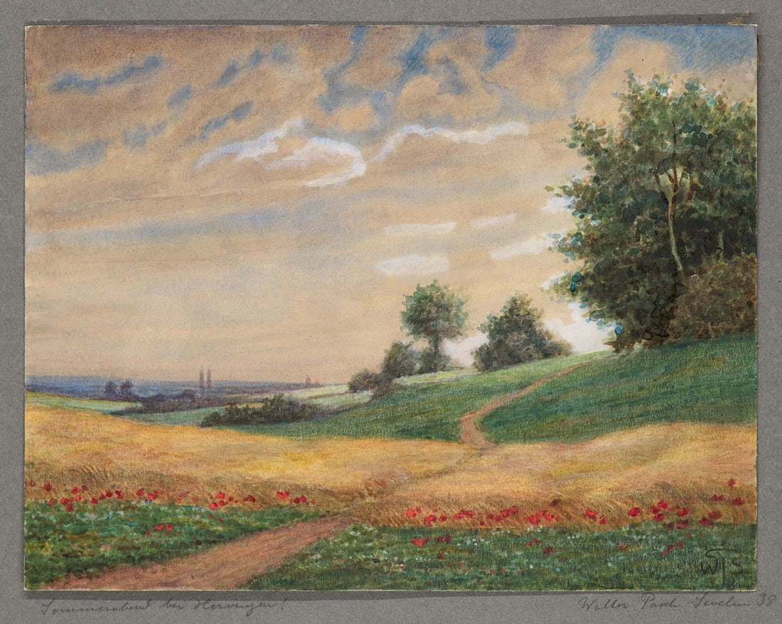 Pasch-Sevelen, Walter Sommerabend bei Herongen. Aquarell auf Karton. 1938. 26,3 x 34,3 cm.: Landschaften - DeutschlandPasch-Sevelen, WalterSommerabend bei Herongen. Aquarell auf Karton. 1938. 26,3 x 34,3 cm. Monogrammiert WPS. Auf dem Unterlagekarton signiert, datiert und betitelt.Mit feinem