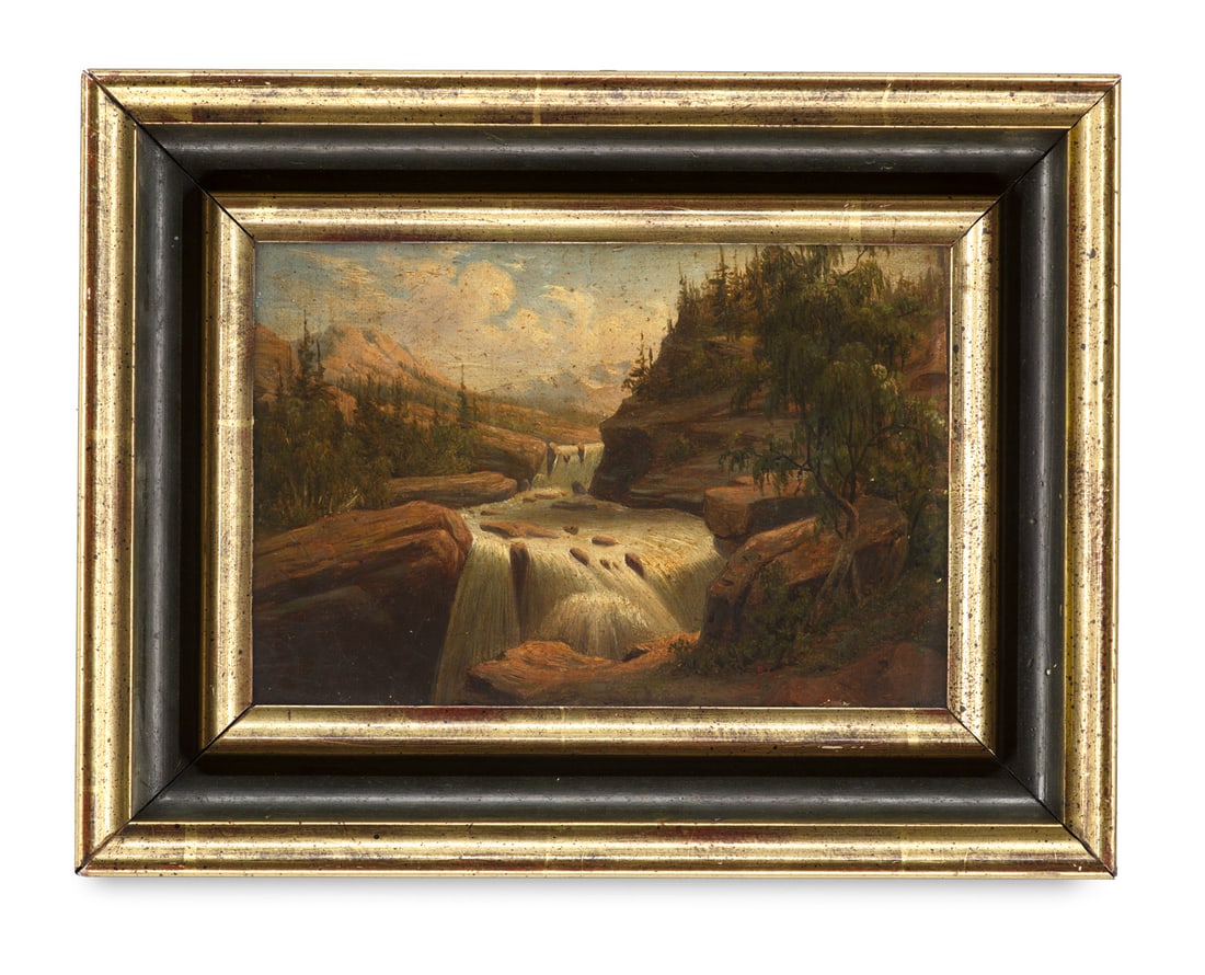 Süddeutsch, 19. Jahrhundert Gebirgslandschaft mit Flusslauf. Öl auf Leinwand, auf Karton: Landschaften - DeutschlandSüddeutsch, 19. JahrhundertGebirgslandschaft mit Flusslauf. Öl auf Leinwand, auf Karton aufgezogen. 13 x 18 cm. Gerahmt in goldfarben verschachtelter Leiste. - An d