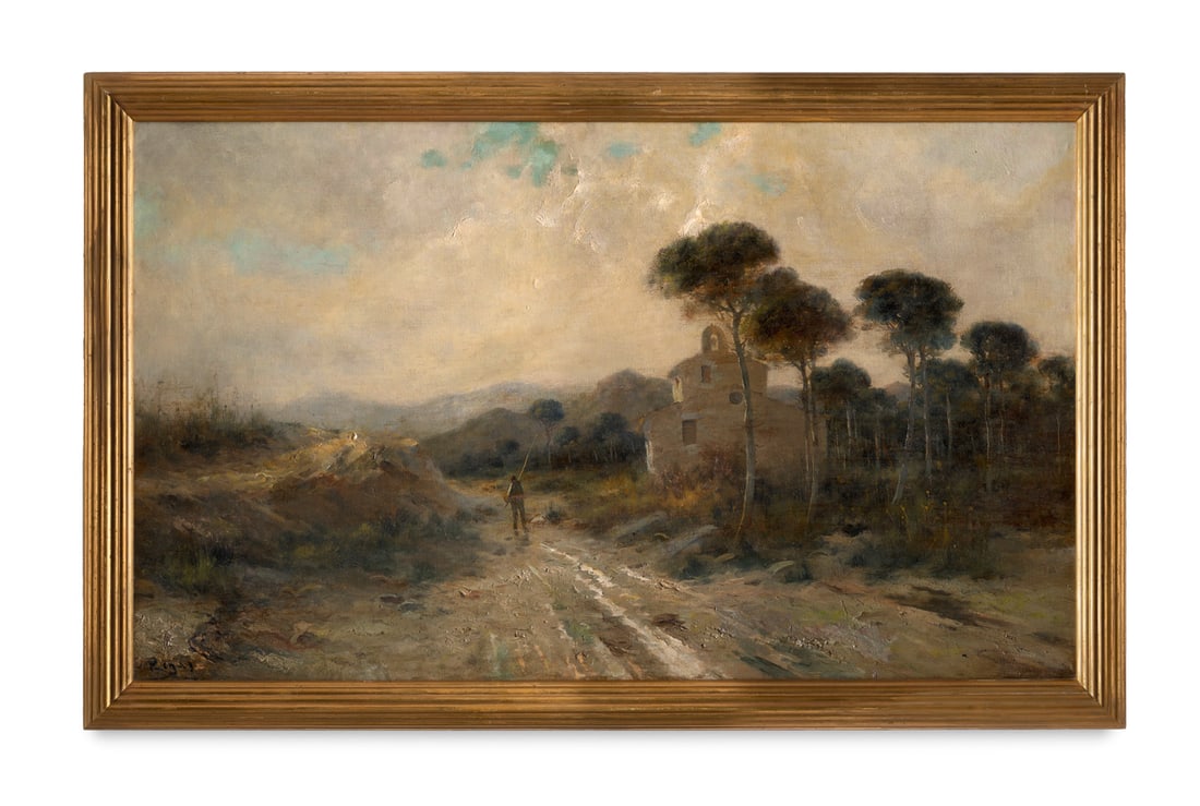 Deutsch, 20. Jahrhundert Bewaldete Landschaft mit Architektur und Wanderer. Um 1900. Öl auf (1 of 1)