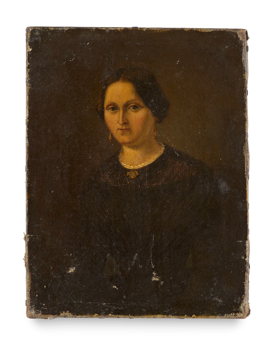 Deutsch, 19. Jahrhundert Portrait einer Frau im schwarzen Kleid. Öl auf Leinwand. 22,5 x 17 cm. (1 of 1)