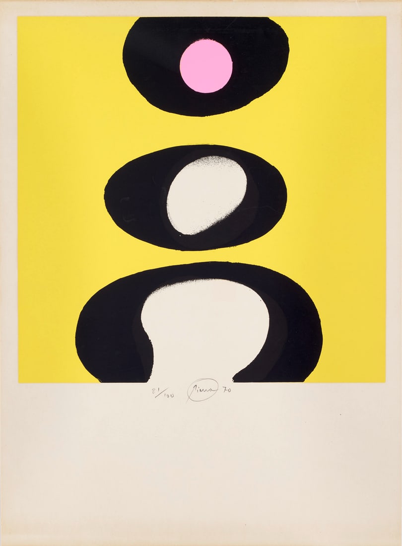 Otto Piene Tele schwarz-weiß-rosa-gelb. 1970. Farbserigraphie auf Velin. 40 x 40 cm (60 x 44: Otto PieneTele schwarz-weiß-rosa-gelb. 1970. Farbserigraphie auf Velin. 40 x 40 cm (60 x 44 cm). Signiert, datiert und nummeriert. Unter Passepartout montiert. - Verso montagespurig. Vereinzelt l