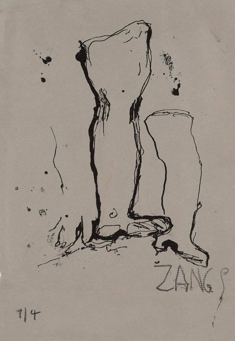 Herbert Zangs 2 Arbeiten. o.T. (Die Beinprothesen des Künstlers). ca. 1997. Radierung auf: Herbert Zangs2 Arbeiten. o.T. (Die Beinprothesen des Künstlers). ca. 1997. Radierung auf grauem Velin sowie die dazugehörige Druckplatte. Je 22 x 18,5 cm (38 x 28 cm). Radierung signiert und