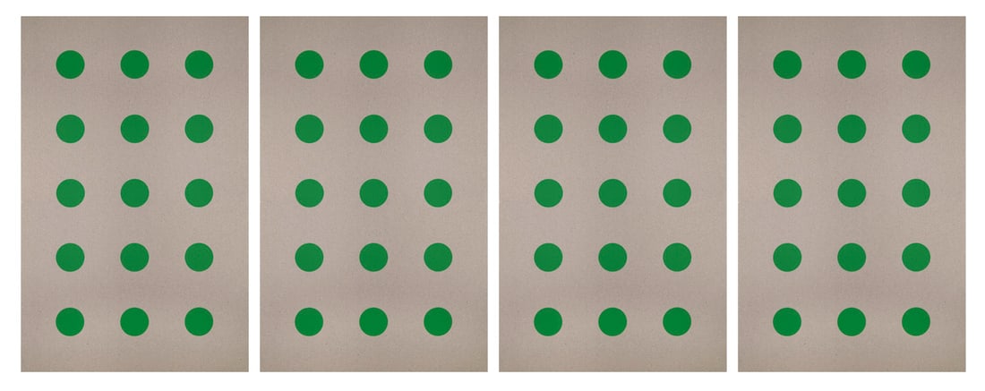 John Armleder Untitled (Dot Series). 1992. 4. Arbeiten. Je Farbserigraphie auf Filzkarton. Je 120 x: Neo-Geometric ConceptualismJohn ArmlederUntitled (Dot Series). 1992. 4. Arbeiten. Je Farbserigraphie auf Filzkarton. Je 120 x 66 cm (150 x 96 cm). Verso auf kaschiertem Label signiert, datiert und in 