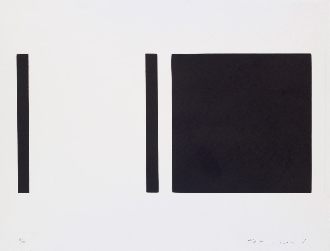 Aurélie Nemours o.T. (Geometrische Komposition). Um 1990. Mezzotinto und Prägung auf: Aurélie Nemourso.T. (Geometrische Komposition). Um 1990. Mezzotinto und Prägung auf festem Velin. 17 x 35,5 cm (31,2 x 40 cm). Signiert und nummeriert. Punktuell auf Unterlage montiert und i