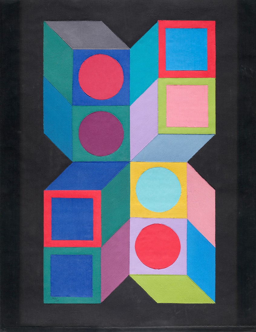 Victor Vasarely Tridim. 1989. Multiple. Collage aus mehrfarbigen Karton-Elementen auf schwarzem,: Victor VasarelyTridim. 1989. Multiple. Collage aus mehrfarbigen Karton-Elementen auf schwarzem, festem Strukturkarton sowie vollflächig auf weißem Velin kaschiert. 88,5 x 53 cm (105 x 81,5 c