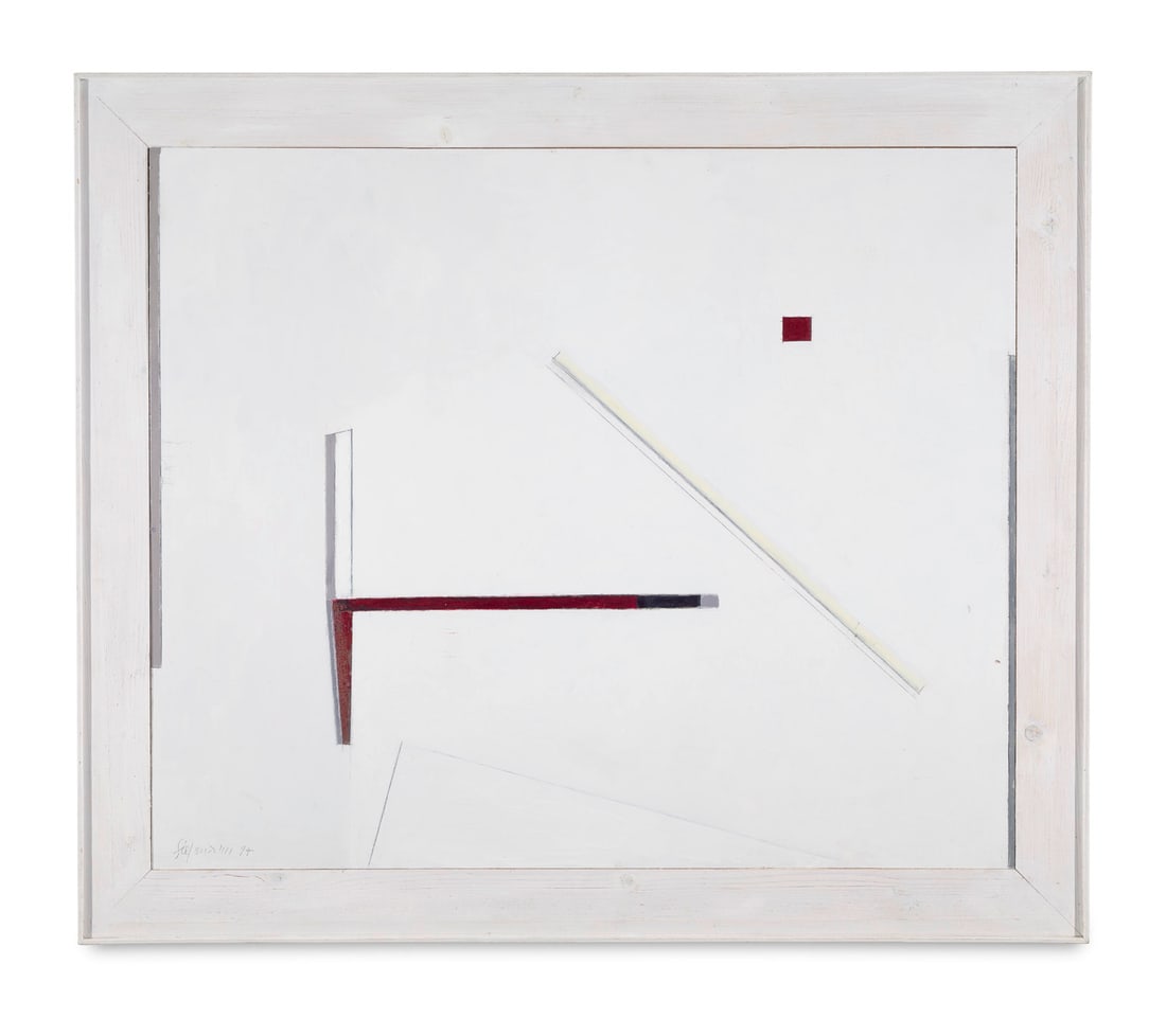 Heinrich Siepmann o.T. (Komposition in Rot, Weiß). 1994. öl auf Holz. 62,5 x 75,5 cm (76 x: Heinrich Siepmanno.T. (Komposition in Rot, Weiß). 1994. öl auf Holz. 62,5 x 75,5 cm (76 x 88 cm). Im Rahmen gefasst. Signiert und datiert. - Leichte Oberflächenbereibung rechts oben. Am