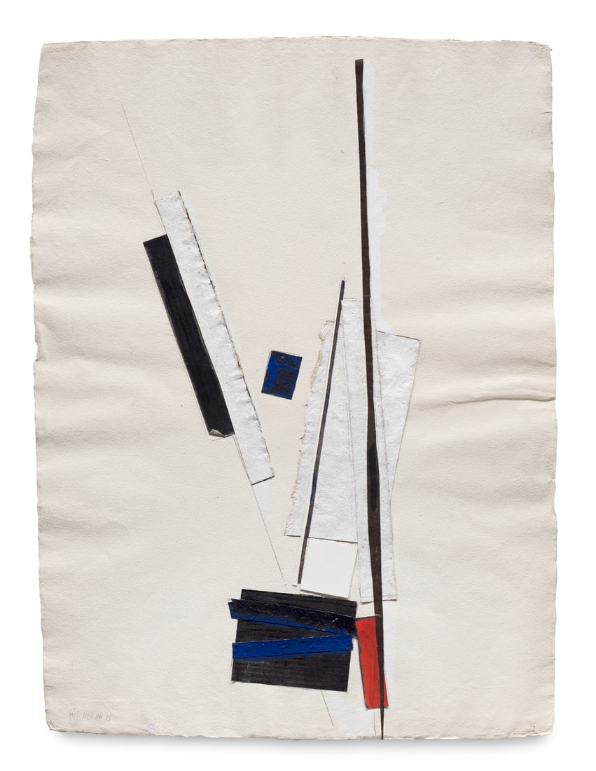 Heinrich Siepmann o.T. (Collage in Schwarz, Weiß, Rot, Blau). 1993. Collage auf Velin. Ca. 75,5: Heinrich Siepmanno.T. (Collage in Schwarz, Weiß, Rot, Blau). 1993. Collage auf Velin. Ca. 75,5 x 27 cm (77,5 x 57,5 cm). Signiert und datiert. - In den Rändern und Ecken etwas knickspurig. P