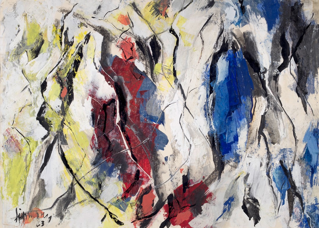 Heinrich Siepmann o.T. (Komposition in Rot, Blau, Gelb). 1963. Mischtechnik mit Tusche und Gouache: Heinrich Siepmanno.T. (Komposition in Rot, Blau, Gelb). 1963. Mischtechnik mit Tusche und Gouache auf Schöller-Durex-Velin (mit Prägung). 45,6 x 62 cm. Signiert und datiert. - Materialbeding