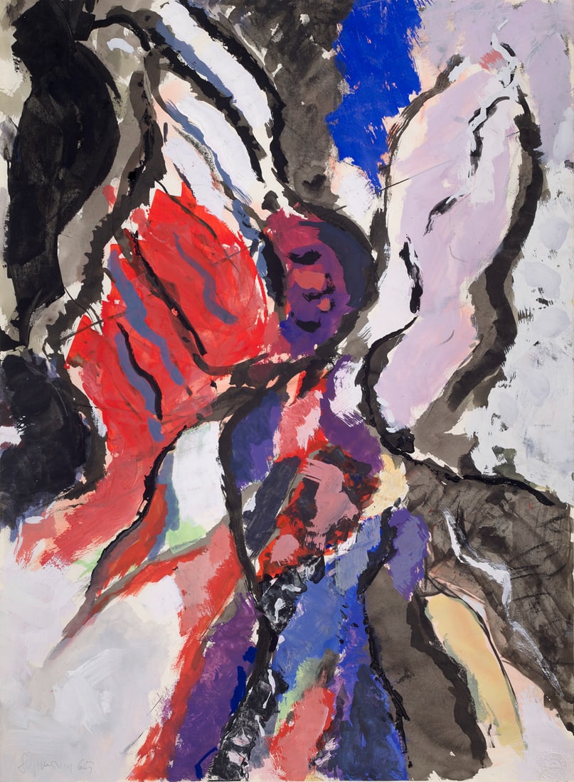 Heinrich Siepmann o.T. (Komposition in Rot, Blau Schwarz). 1965. Mischtechnik mit Tusche und Gouache: Heinrich Siepmanno.T. (Komposition in Rot, Blau Schwarz). 1965. Mischtechnik mit Tusche und Gouache auf Schöller-Durex-Velin (mit Prägung). 62 x 45 cm. Signiert und datiert. - Materialbeding