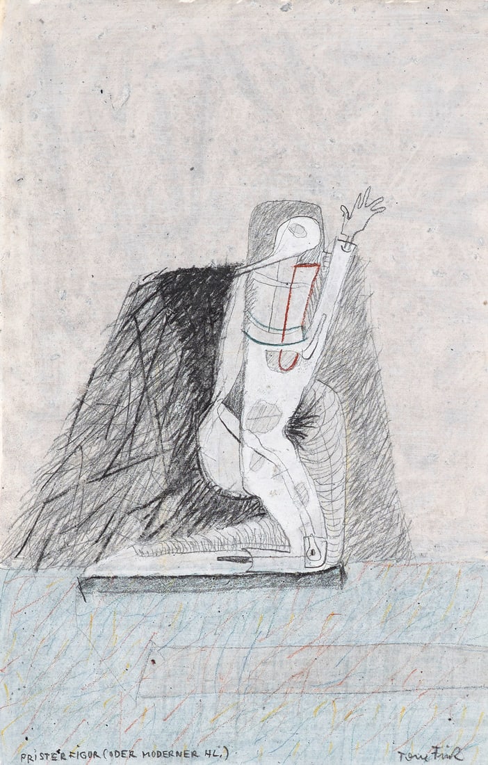 Tone Fink Priesterfigur (oder Moderner Hl.). Um 1980. Bleistift, Buntstift und Gouache auf Velin. (1 of 1)