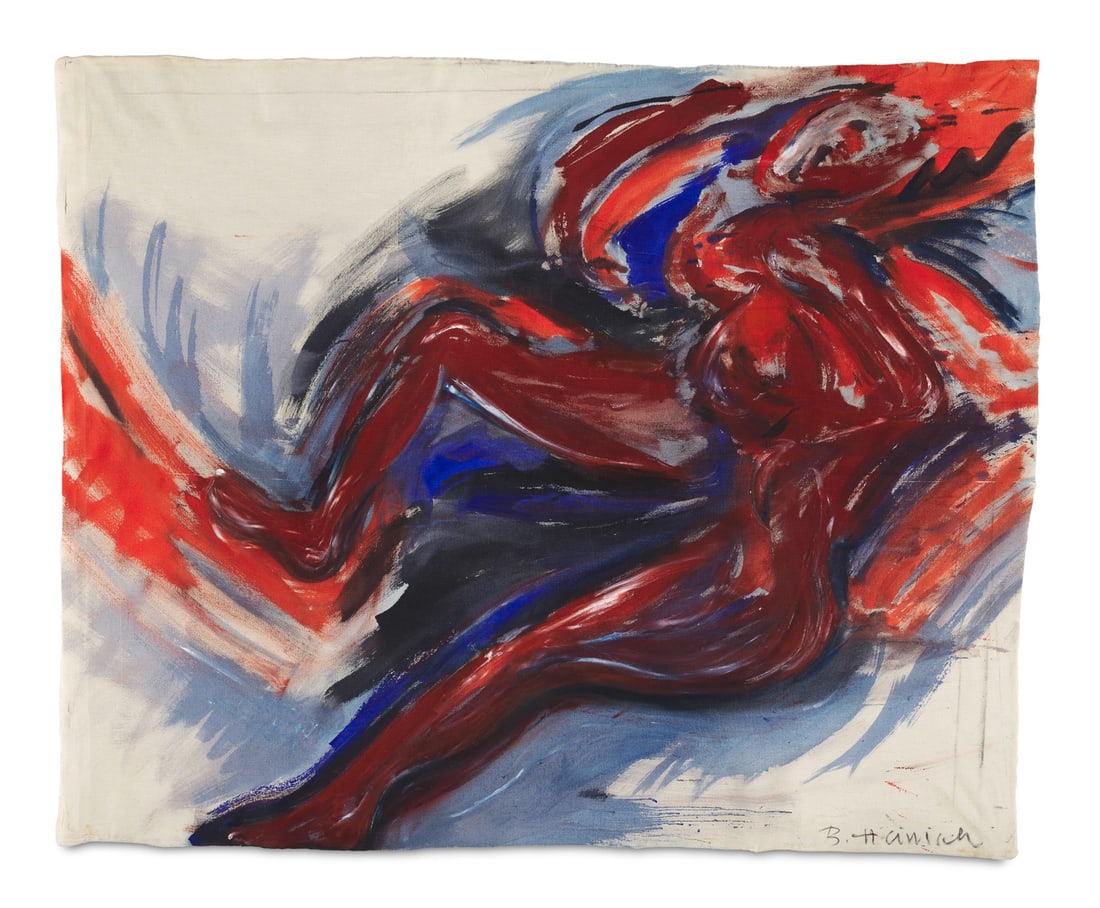 Barbara Heinisch Liegende. 1977. Tempera auf Leinwand. 123 x 98,5 cm. Verso signiert, datiert und: Barbara HeinischLiegende. 1977. Tempera auf Leinwand. 123 x 98,5 cm. Verso signiert, datiert und betitelt. - Ganz dezente Flecken. Insgesamt sehr gut, die Farben frisch.Die interdisziplinär arbei