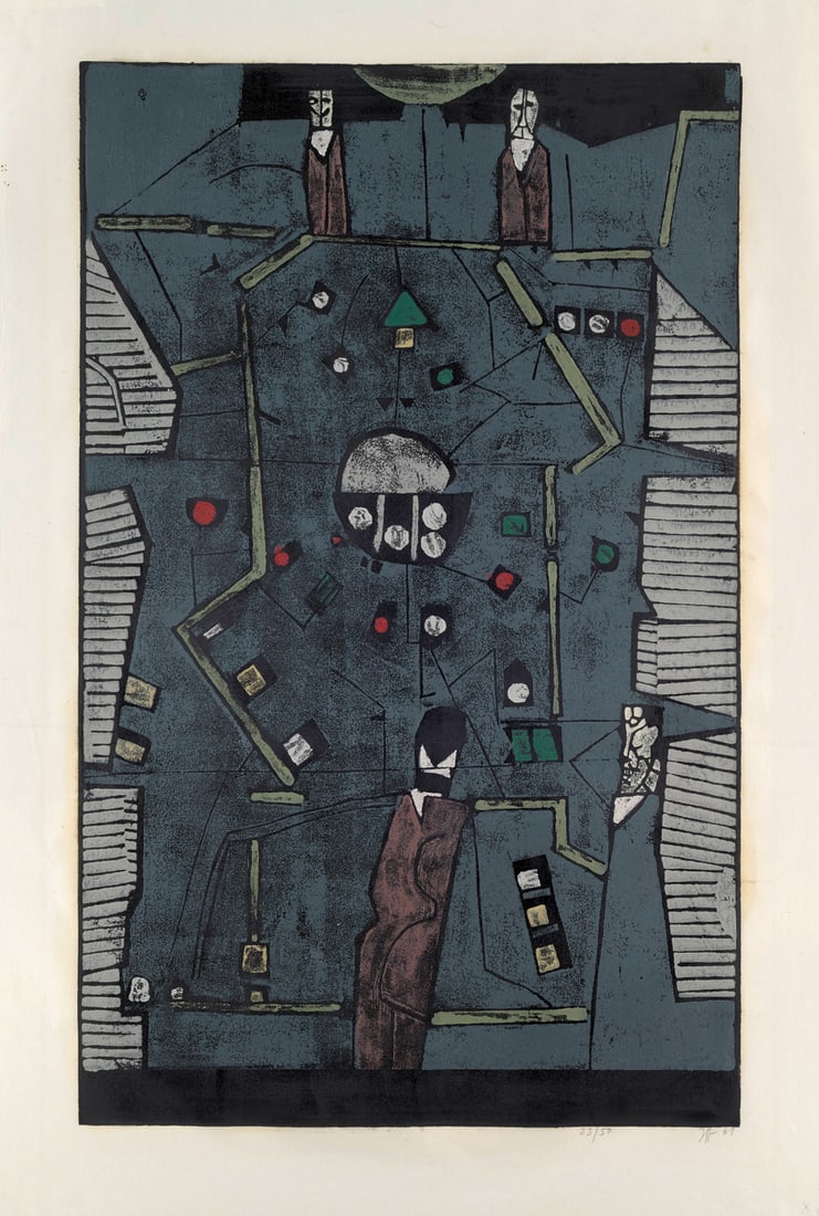 Horst Janssen Spieltisch, geplante Variation. 1961/87. Farbholzschnitt auf hauchzartem Japanbü: Horst JanssenSpieltisch, geplante Variation. 1961/87. Farbholzschnitt auf hauchzartem Japanbütten. 79,5 x 49,4 cm (92,5 x 63,3 cm). Signiert, datiert und nummeriert. - Punktuell winziger, blassbr