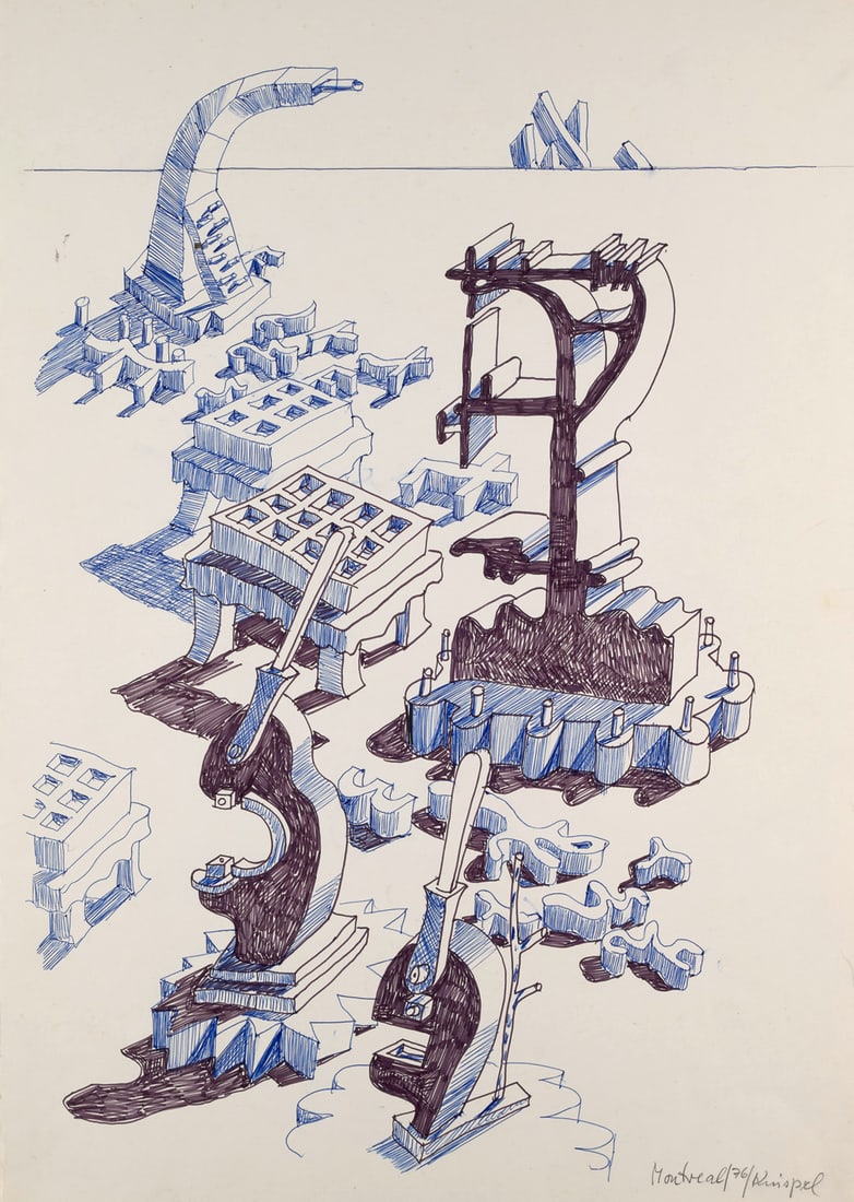 Ulrich Knispel Montreal. 1976. Filzstift und Kugelschreiber auf Velin. 62 × 44 cm. Signiert,: Ulrich KnispelMontreal. 1976. Filzstift und Kugelschreiber auf Velin. 62 × 44 cm. Signiert, datiert und betitelt. - In den Rändern etwas knickspurig. Ecken leicht bestoßen. Oberflä