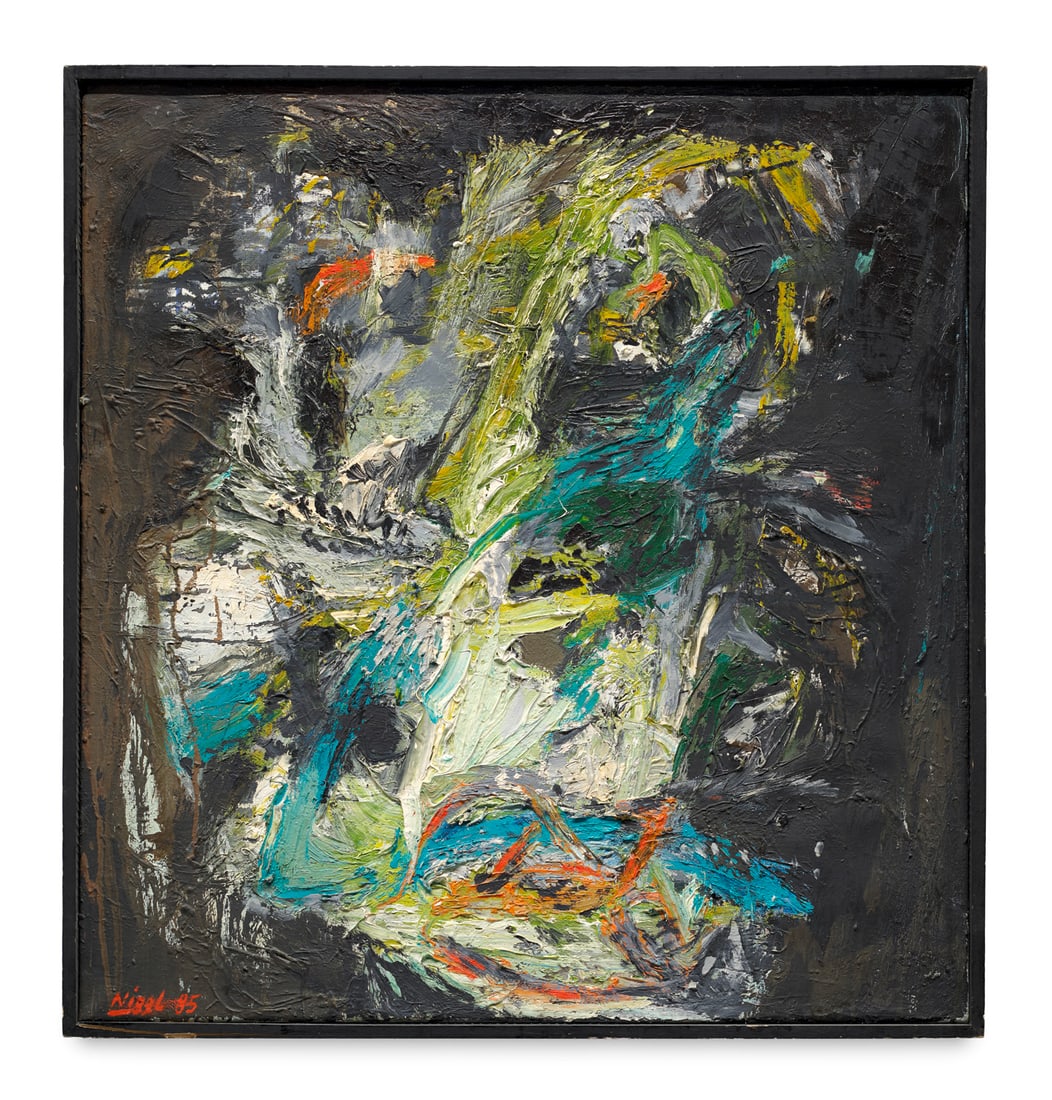 Thomas Niggl Unzeit. 1984/85. Öl auf Leinwand. 68 x 72 cm. Recto und verso signiert und: Thomas NigglUnzeit. 1984/85. Öl auf Leinwand. 68 x 72 cm. Recto und verso signiert und datiert, verso am Rahmen betitelt und mit typographischem Etikett. In Künstlerleiste gerahmt. - Dezente