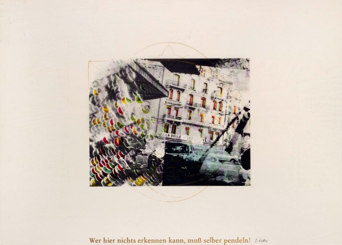 Sigmar Polke Häuserfront (Wer hier nichts erkennen kann, muß selber pendeln). 1973.: Sigmar PolkeHäuserfront (Wer hier nichts erkennen kann, muß selber pendeln). 1973. 4-Farb-Offset-Lithographie auf Pergaminpaper. 36,5 x 29,2 cm (45 x 62,5 cm). Signiert. - Unten rechts etwas