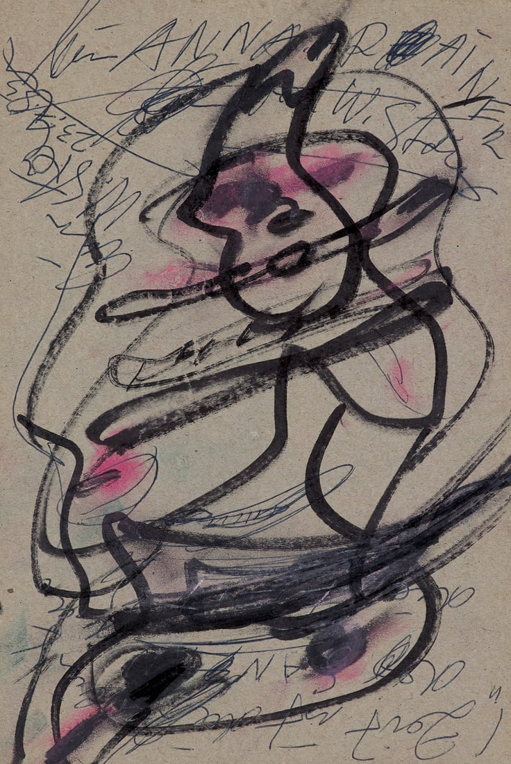 Walter Stöhrer Ohne Titel (Für Anna und Rainer). 1985. Acryl, Filzstift und Kugelschreiber: Walter StöhrerOhne Titel (Für Anna und Rainer). 1985. Acryl, Filzstift und Kugelschreiber auf grauem Velinkarton. 24 x 16 cm. Signiert, datiert und teils unleserlich bezeichnet. - An den R&#