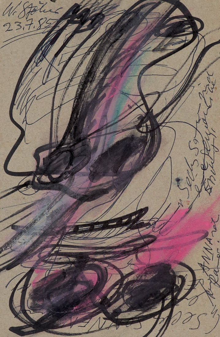 Walter Stöhrer Ohne Titel (Sechs Sonnen). 1985. Acryl, Filzstift und Kugelschreiber auf grauem: Walter StöhrerOhne Titel (Sechs Sonnen). 1985. Acryl, Filzstift und Kugelschreiber auf grauem Velinkarton. 24 x 16 cm. Signiert, datiert und teils unleserlich bezeichnet. Verso mit weiterer Skizz