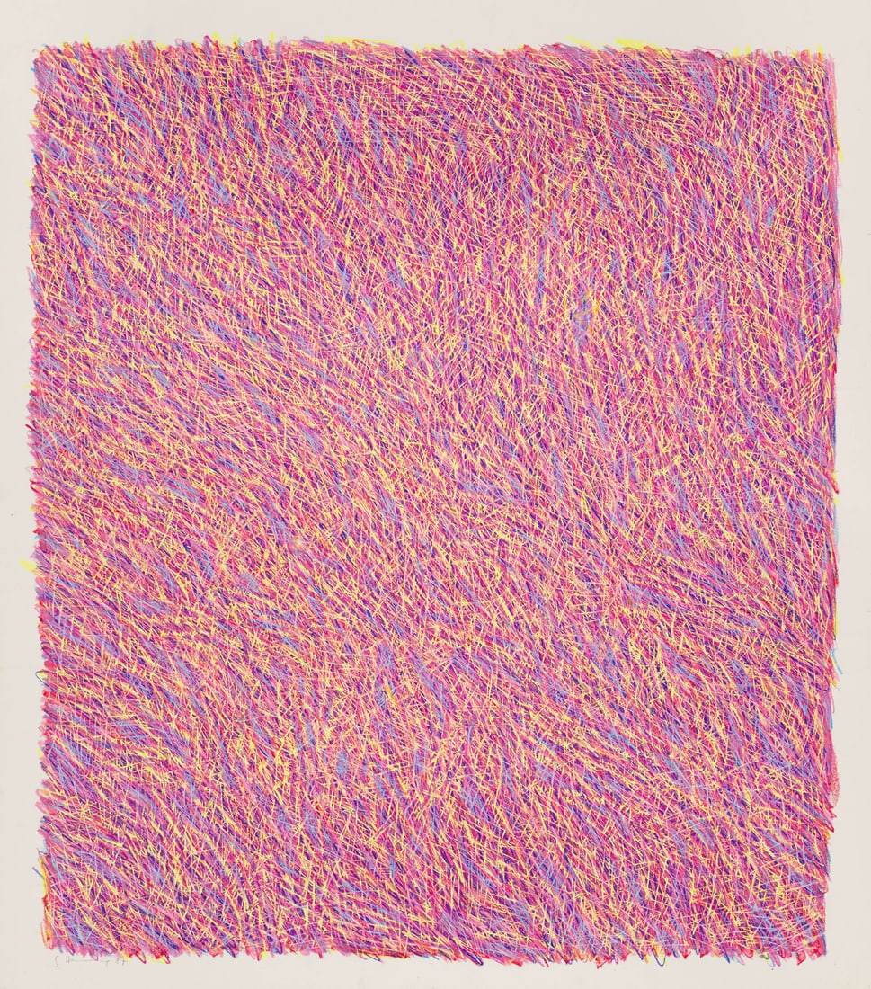 Gerda Henning o.T. (Komposition in Rosa, Gelb und Blau). 1987. Wachsstift auf Velin. 72,5 x 63,5 cm (1 of 1)