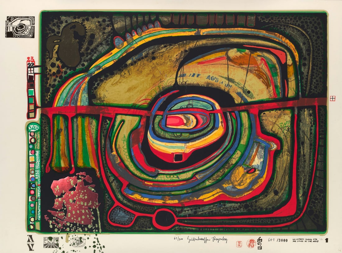 Friedensreich Hundertwasser Die fünfte Augenwaage. 1971/72. Farbserigraphie mit Metallprä: Friedensreich HundertwasserDie fünfte Augenwaage. 1971/72. Farbserigraphie mit Metallprägungen auf Schoeller-Stern-Velin (mit Trockenstempel). 43,2 x 57,6 cm Sichtmaß 48,7 x 68,7 cm). S