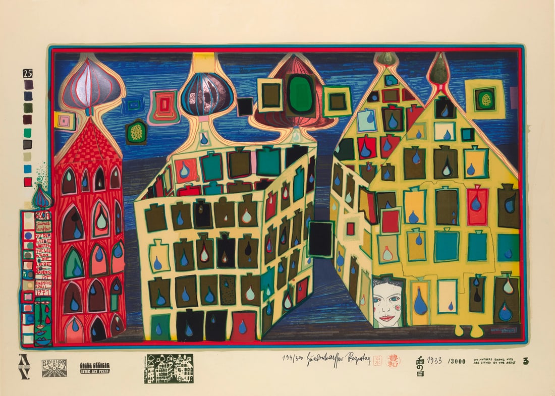 Friedensreich Hundertwasser Mit der Liebe warten tut weh, wenn die Liebe anders ist. 1971/72.: Friedensreich HundertwasserMit der Liebe warten tut weh, wenn die Liebe anders ist. 1971/72. Farbserigraphie mit Metallprägungen auf Schoeller-Stern-Velin (mit Trockenstempel). 36,2 x 60 cm (Sich
