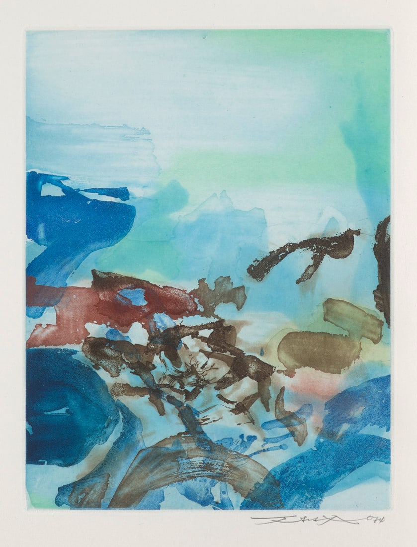 Zao Wou-Ki Randonées I. Aquatinta-Radierung auf Velin de Rives. 23,6 x 18 cm (32,5 x 25 cm).: Zao Wou-KiRandonées I. Aquatinta-Radierung auf Velin de Rives. 23,6 x 18 cm (32,5 x 25 cm). Signiert und datiert. - Prachtvoller farbleuchtender Druck mit feinkörniger und samtiger Anmutung.