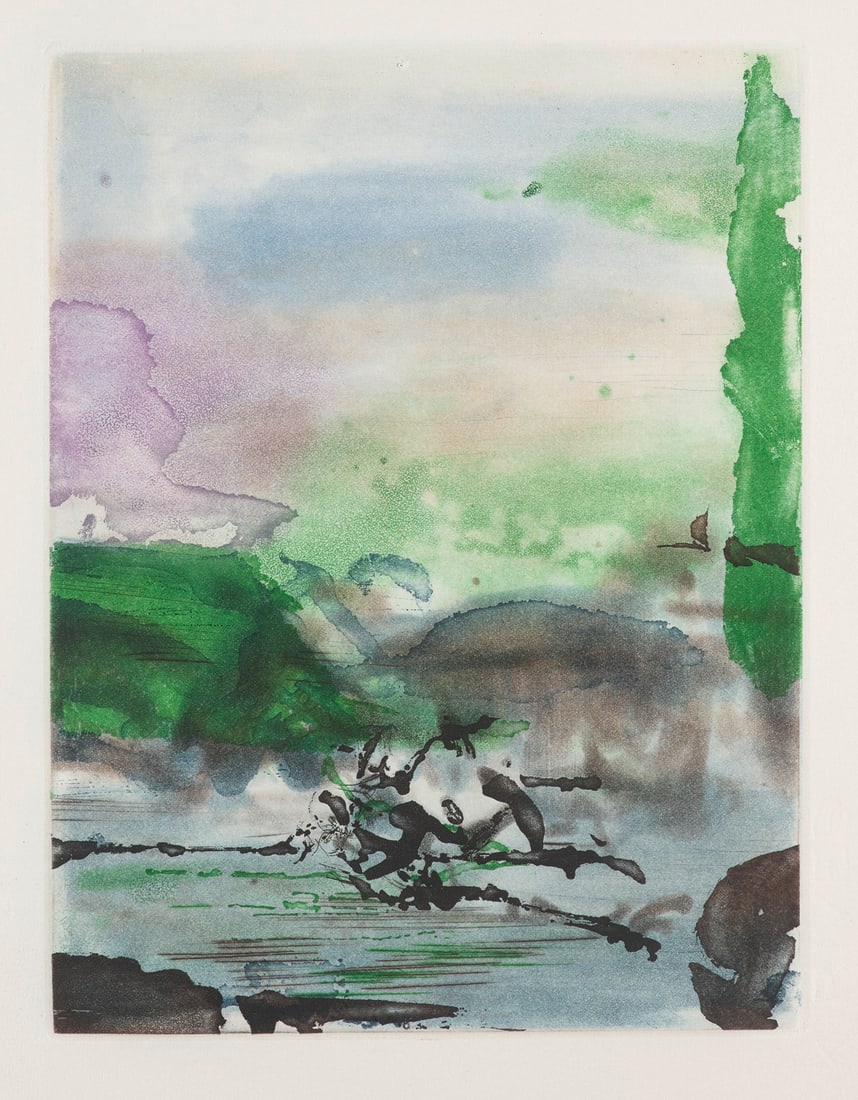 Zao Wou-Ki Randonées II. Aquatinta-Radierung auf Velin de Rives. 23,6 x 18 cm (32,5 x 25 cm).: Zao Wou-KiRandonées II. Aquatinta-Radierung auf Velin de Rives. 23,6 x 18 cm (32,5 x 25 cm). Prachtvoller farbleuchtender Druck mit feinkörniger und samtiger Anmutung.Agerup 257. - Eins von 