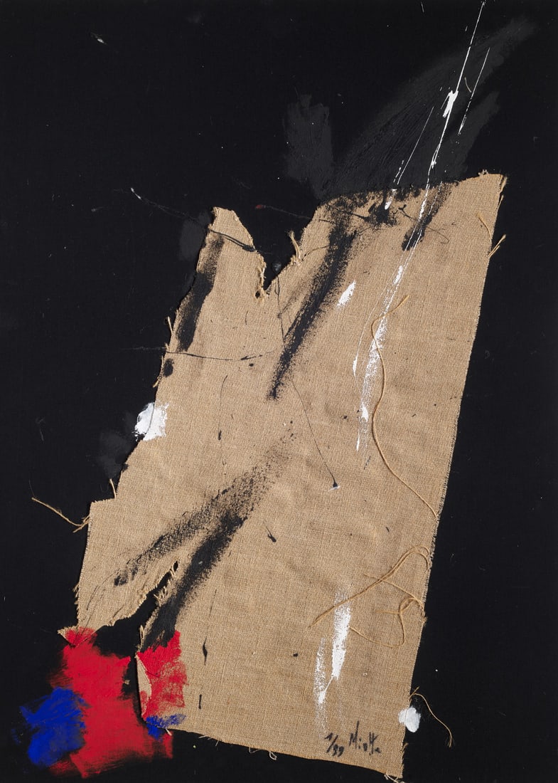 Jean Miotte Eclatement d'une Grenade. 1990. Mischtechnik mit Öl auf Leinwand. 78 x 56 cm.: Jean MiotteEclatement d'une Grenade. 1990. Mischtechnik mit Öl auf Leinwand. 78 x 56 cm. Signiert und datiert. - Leichte Bereibungen der Oberfläche. Insgesamt sehr gut. Kontrastreiche Arbeit