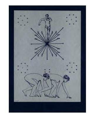 Max Ernst Endlose Spiele bereiten sich vor. 1972. Serigraphie in Silber auf dünnem blauem: Max ErnstEndlose Spiele bereiten sich vor. 1972. Serigraphie in Silber auf dünnem blauem Velinkarton. 50 x 36,5 cm (58,6 x 42,7 cm). Signiert und nummeriert. In Punkten auf Unterlage montiert, un