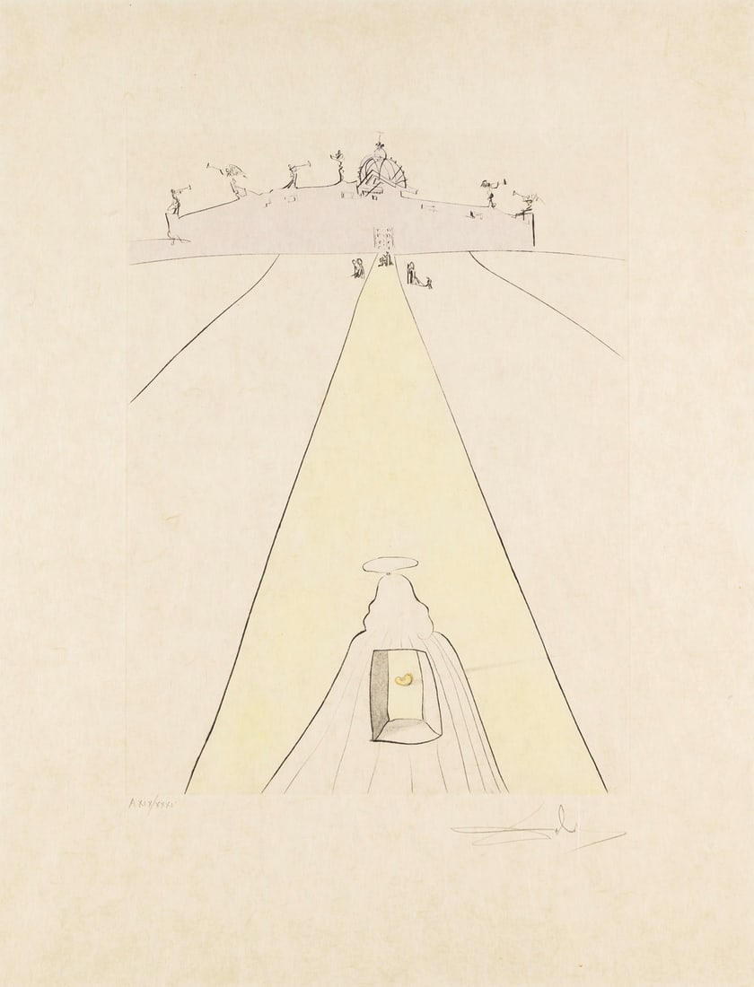 Salvador Dalí God, Time, Space, and the Pope. 1974. Kaltnadelradierung auf Japan. 40 x 30 cm: Salvador DalíGod, Time, Space, and the Pope. 1974. Kaltnadelradierung auf Japan. 40 x 30 cm (Sichtmaß: 60,5 x 46 cm). Signiert und römisch nummeriert. Hochwertig hinter Glas gerahmt, un