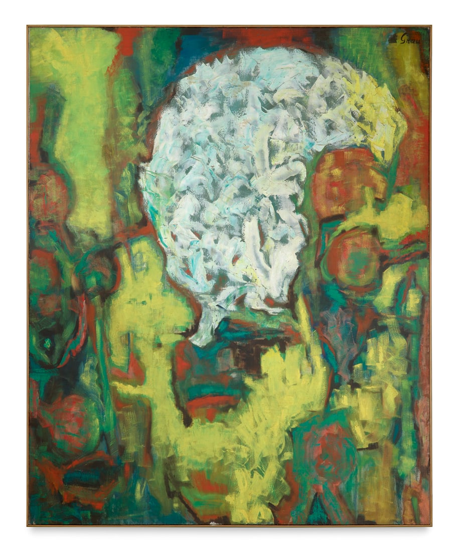 Ricardo Grau El Renacer de Ranrahirca. 1965. Öl auf Leinwand. 161 x 130 cm. Signiert, verso: Ricardo GrauEl Renacer de Ranrahirca. 1965. Öl auf Leinwand. 161 x 130 cm. Signiert, verso signiert, datiert, betitelt und mit Stempel des Instituto Nacional de Cultura - Perú. - Unten mitti