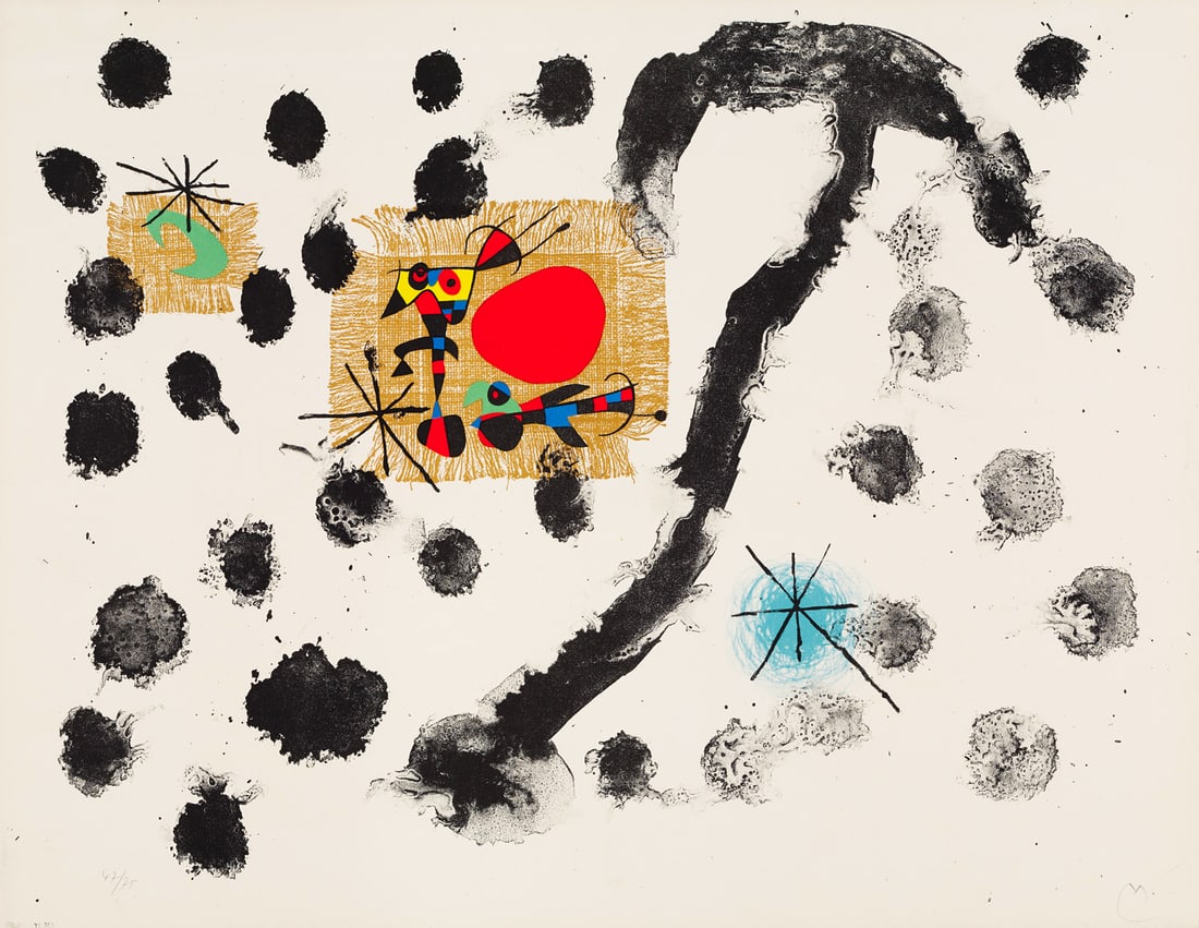 Joan Miró Album 19, planche 8. 1961. Farblithographie auf Rives Velin (mit Wz.). 51 x 76,5 cm.: Avantgardistische AbstraktionJoan MiróAlbum 19, planche 8. 1961. Farblithographie auf Rives Velin (mit Wz.). 51 x 76,5 cm. Signiert, nummeriert sowie von fremder Hand bezeichnet. Verso druckbezei