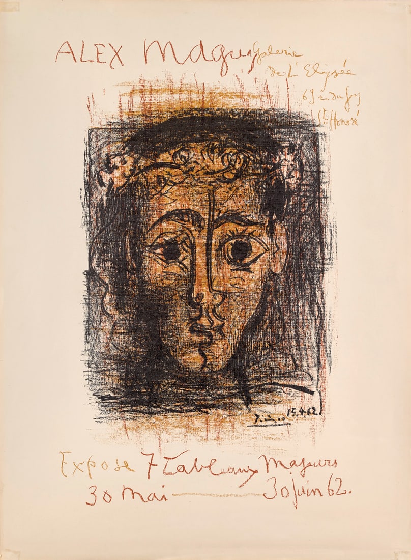 Pablo Picasso Affiche pour la Galerie Alex Maguy. 1962. Farblithographie auf Arches-Velin (m. Wz.).: Avantgardistische AbstraktionPablo PicassoAffiche pour la Galerie Alex Maguy. 1962. Farblithographie auf Arches-Velin (m. Wz.). 54,2 x 33,5 cm (65,2 x 48,2 cm). Im Stein signiert und datiert. Punktuel
