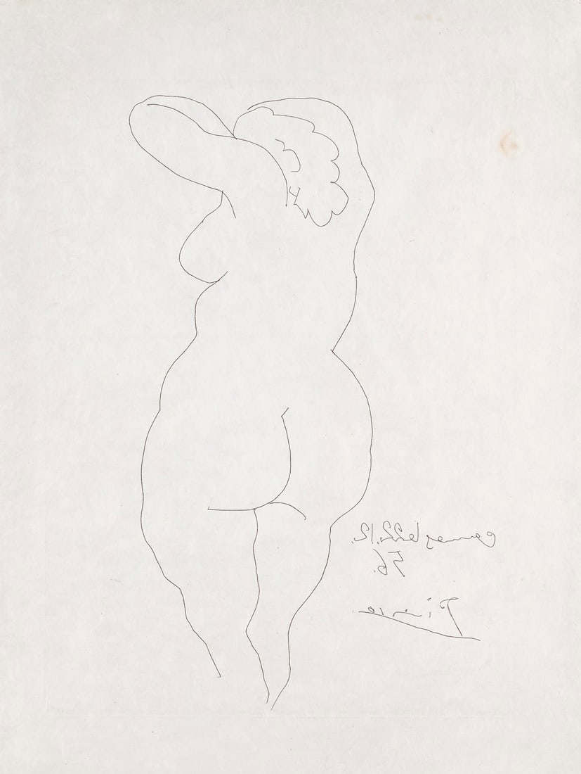 Pablo Picasso Femme vue de dos. 1956. Kaltnadelradierung auf Japan. 38 x 28 cm (56 x 38,2 cm). Von: Avantgardistische AbstraktionPablo PicassoFemme vue de dos. 1956. Kaltnadelradierung auf Japan. 38 x 28 cm (56 x 38,2 cm). Von Picasso spiegelverkehrt in der Platte signiert und datiert "Cannes 22.12.