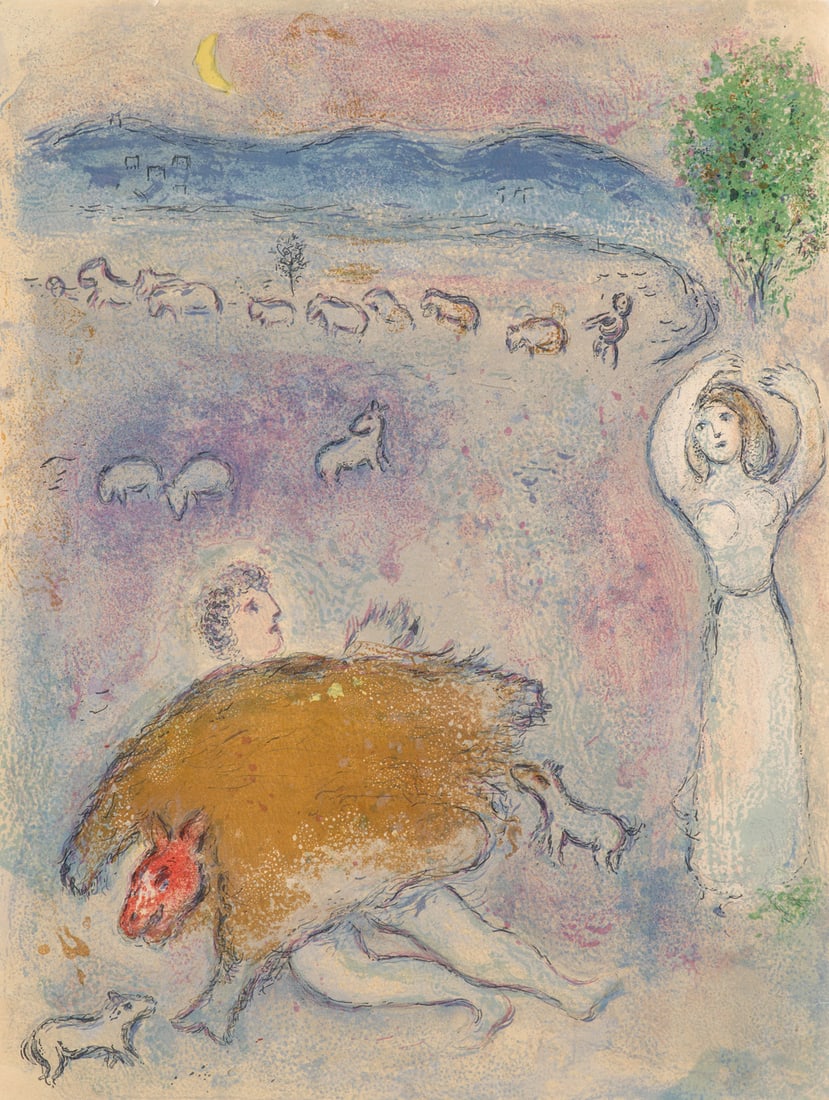 Marc Chagall Lsa ruse de Dorcon, aus: Daphnis und Chloé. 1961. Farblithographie auf Velin. 42 x: Avantgardistische BildpoesieMarc ChagallLsa ruse de Dorcon, aus: Daphnis und Chloé. 1961. Farblithographie auf Velin. 42 x 32 cm. Verso punktuell in Ecken auf Passepartoutrückseite montiert.