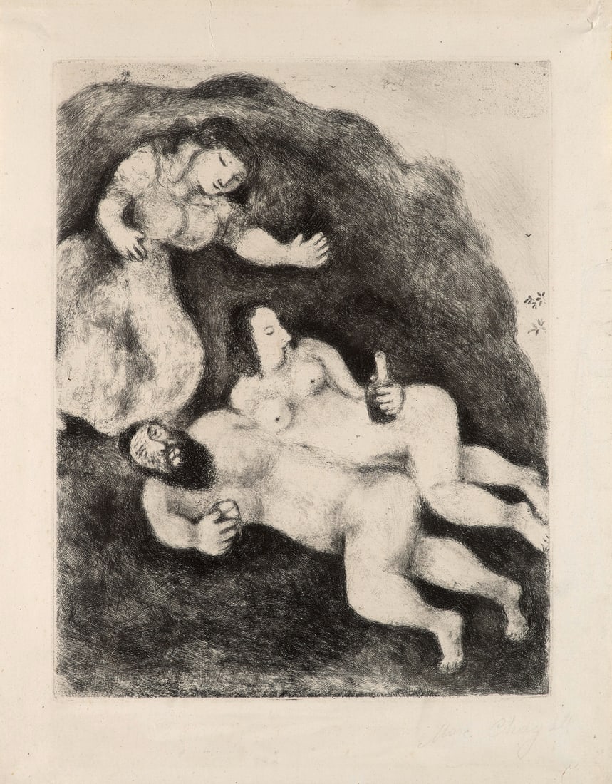 Marc Chagall Lot und seine Töchter. 1956. Radierung auf Montval. 31,6 x 24,7 cm. (40 x 31 cm).: Avantgardistische BildpoesieMarc ChagallLot und seine Töchter. 1956. Radierung auf Montval. 31,6 x 24,7 cm. (40 x 31 cm). Signiert. In den oberen Ecken unter Passepartout montiert. - Partiell lei