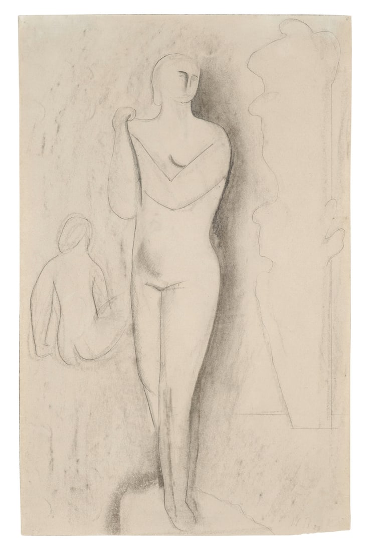 Willi Baumeister Stehende und sitzende Figur. 1923. Kohle und Bleistift auf Velin. 40,7 cm × (1 of 1)