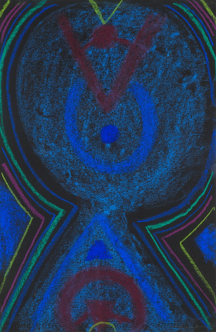 Max Ackermann Ohne Titel. (Konstruktive, geometrisierende Komposition). 1973. Pastell auf schwarzem: Max AckermannOhne Titel. (Konstruktive, geometrisierende Komposition). 1973. Pastell auf schwarzem Velin. 50 x 32,5 cm. Signiert und datiert. Gerahmt unter Glas, ungeöffnet. - Insgesamt augensche