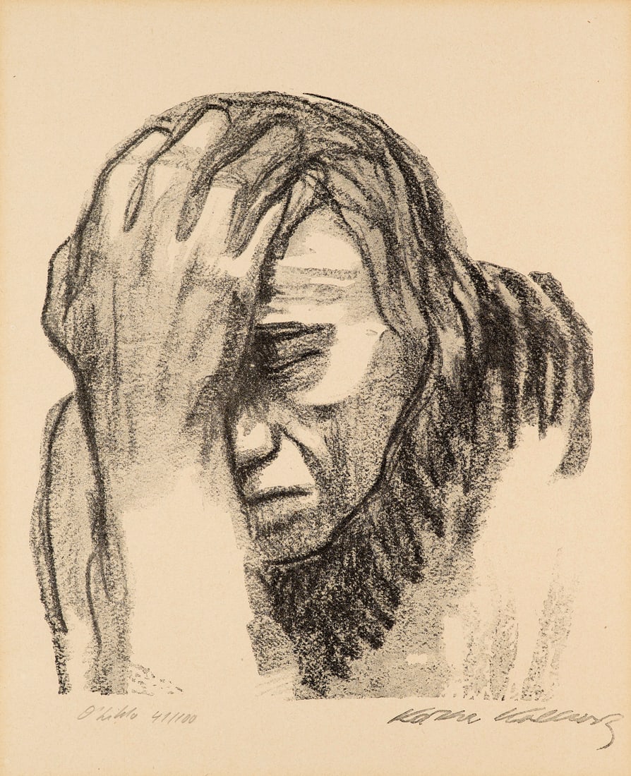 Käthe Kollwitz Nachdenkende Frau. 1920. Lithographie auf festem Velin. 28,5 x 26,5 cm (39 x 31: Käthe KollwitzNachdenkende Frau. 1920. Lithographie auf festem Velin. 28,5 x 26,5 cm (39 x 31 cm). Mit der Stempelsignatur, von fremder Hand bezeichnet und nummeriert. Unter Passepartout montiert