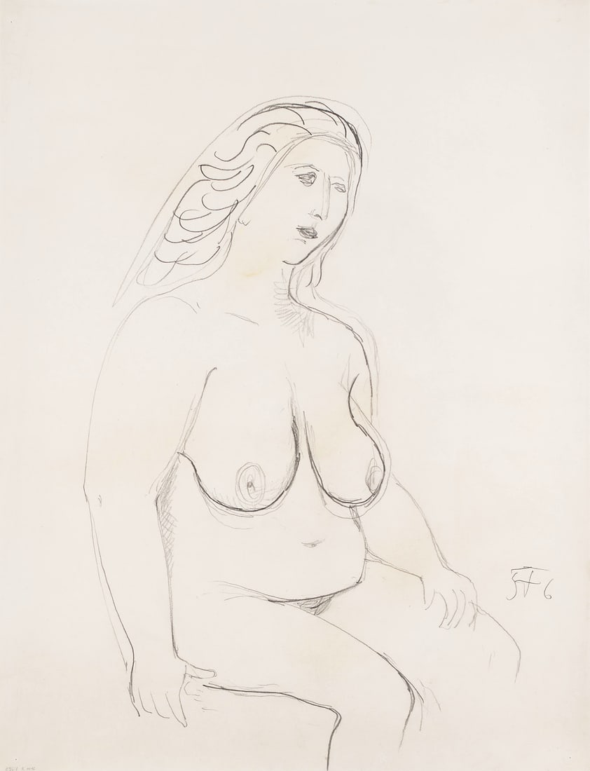 Otto Dix Akt (Eliane Logeais). 1956. Bleistift auf Velinkarton. 53,5 x 41 cm. Signiert und datiert.: Neue SachlichkeitOtto DixAkt (Eliane Logeais). 1956. Bleistift auf Velinkarton. 53,5 x 41 cm. Signiert und datiert. Verso mit Bezeichnung von fremder Hand. - Blatt vereinzelt mit blassen Flecken und k