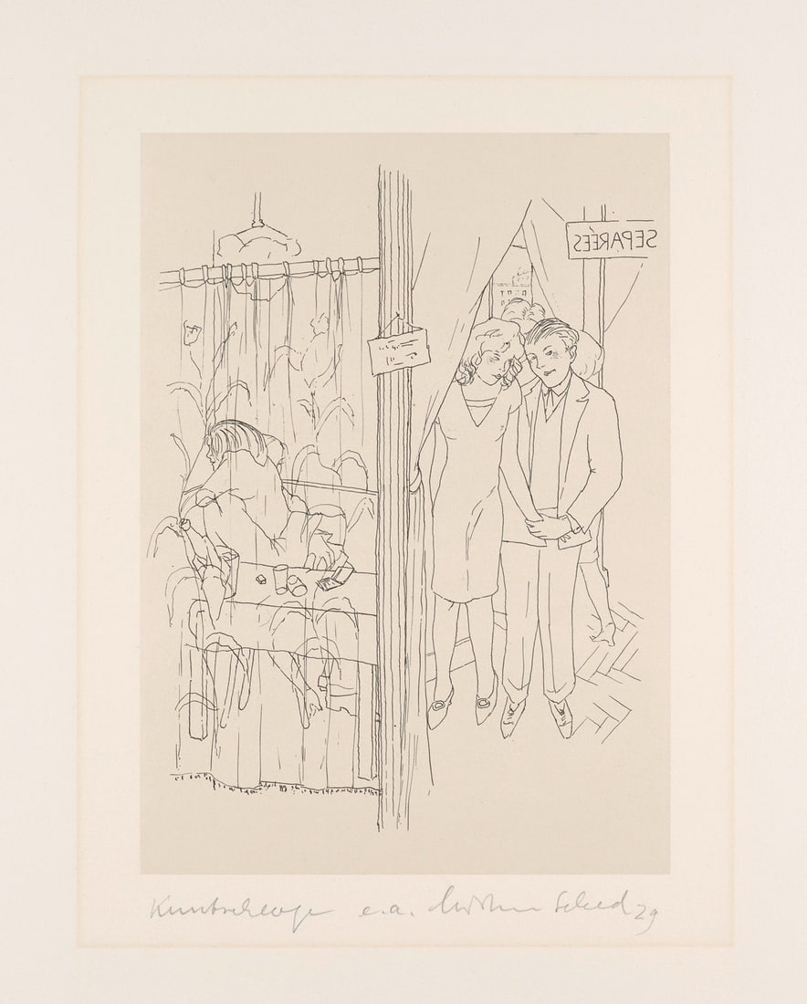 Christian Schad Knutschologe. 1929. Lithografie auf Velin. 26 x 18,5 cm (59 x 42 cm). Signiert (Ex.: Neue SachlichkeitChristian SchadKnutschologe. 1929. Lithografie auf Velin. 26 x 18,5 cm (59 x 42 cm). Signiert (Ex. E.A.), datiert, betitelt und bezeichnet. - Im ehemaligen Passepartout-Ausschnitt lei
